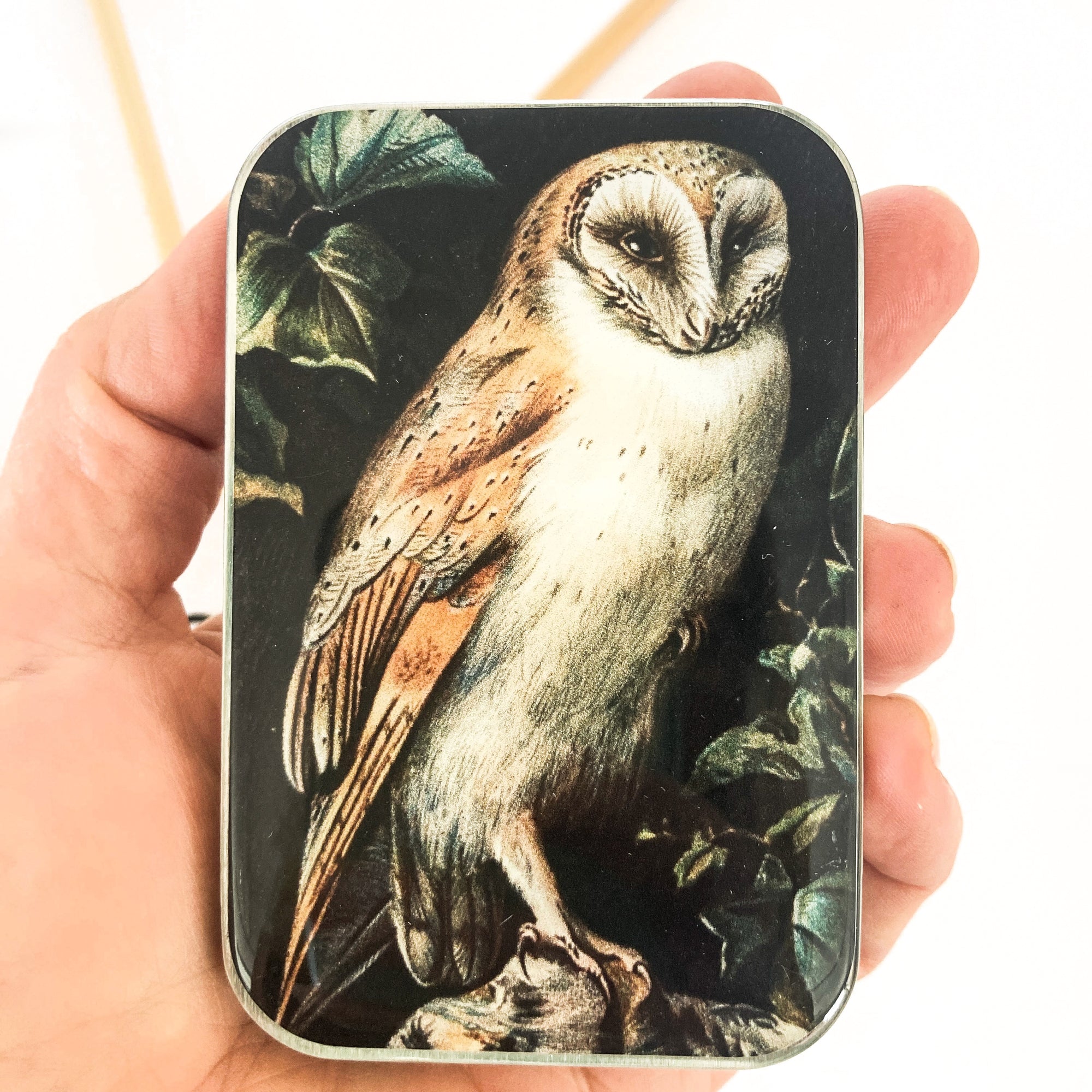 Owl notions tin 1, stitch marker tin