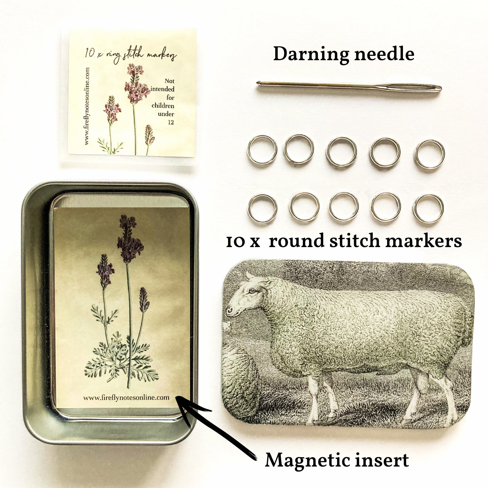 Notions tin, Sheep Knitting Kit, Stitch marker storage